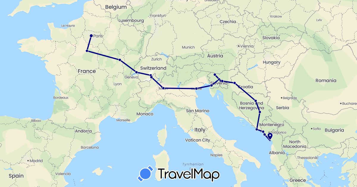 TravelMap itinerary: driving in Bosnia and Herzegovina, Switzerland, France, Croatia, Italy, Montenegro, Slovenia (Europe)